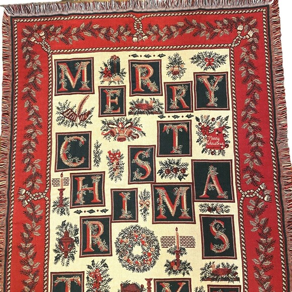 Christmas Tapestry Throw Blanket Goodwin Weavers 70x47 Fringe Red Green USA Made - Picture 2 of 16